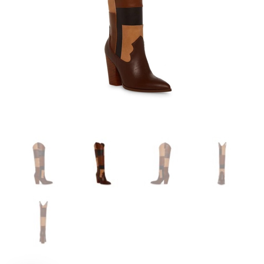 Elegant Brown and Tan Heeled Boots with Color-Blocking Design